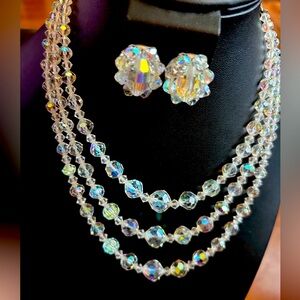 Vintage Aurora Borealis Set Triple Strand AB Crystal Necklace & Clip-on Earrings